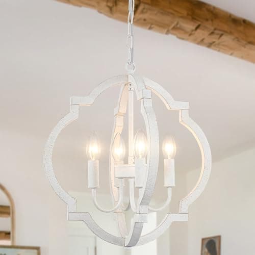 Image of WTUOING White Chandelier, 4 Lights Vintage Small Chandeliers Ceiling Lights Living Room Bedroom Kitchen Hallway, Farmhouse Shabby Pendant Light Fitting for Dining Room, Lounge, Height Adjustable, E14