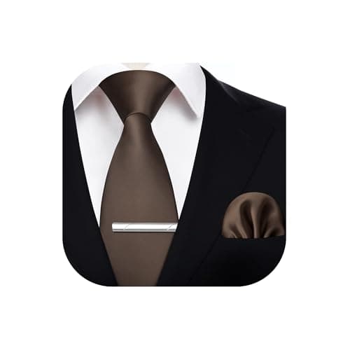 Image of HISDERN Mens Ties Set 3.4" Brown Tie and Hankerchief with Clip Solid Color Formal Classic Necktie and Pocket Square Wedding Business Party Necktie Sets for Men