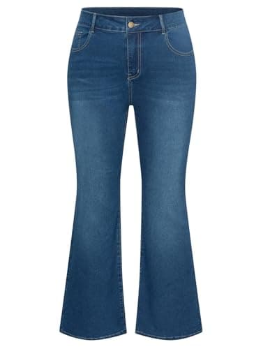 Image of Hanna Nikole Women's Plus Size Flared Jeans Women High Waist Vintage Bell Bottom Jeans Stretchy Women's Jeans Light Blue 26