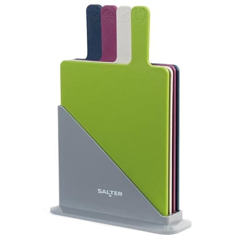 Image of Salter Colour Coded Chopping Boards – Set Of 4, Reversible, Non-Slip Stand, Index Style Chopping Board Set, Paddle Handles, Food Preparation Indicators, Dishwasher Safe, Slim Organised Kitchen Storage