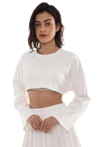 Image of Amazhiyu Womens Cropped Sweatshirt, Solid Long Sleeve Pullover Cropped Short Top Crewneck Oversize Hoodie Casual White S