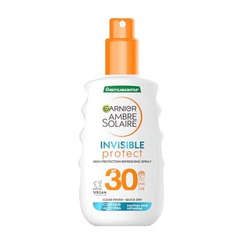 Image of Garnier Ambre Solaire Sun Cream Spray, Invisible Protect Sun Protection Spray SPF30, Invisible Finish, High Protection, Water Resistant, Fast Absorbing, Non-Greasy, 150ml