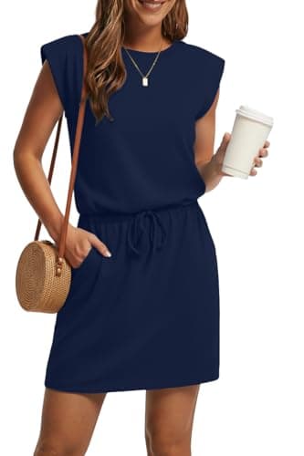 Image of GRECERELLE Womens Summer Mini Dress Casual Round Neck Sleeveless Tie Waist Sport Mini Sundresses with Pockets (Navy Blue, M)