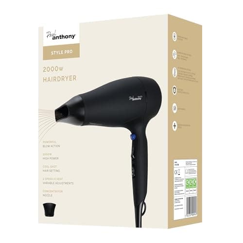 Image of Paul Anthony Style Pro 2000W Hair Dryer / 3 Heat Settings / 2 Speed Settings/Cool Shot/Concentrator Nozzle/Hang Up Loop/Safety Cut-Off - Matte Black - H1517BK