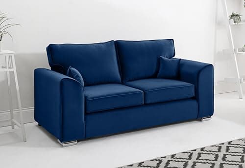 Image of Sofahub Dylan Blue Plush Velvet 3 Seater Sofa | Fullback Upholstered Couch with Foam Cushions & Chrome Feet | Modern Living Room Sofa