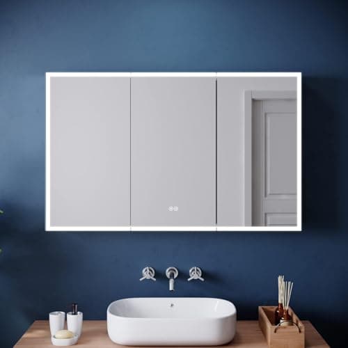 Image of ELEGANT Large Bathroom Wall Mounted Cabinet with Mirror, Bluetooth Speaker, Shaver Socket, Dimming, Slow Close Design, Stainless Steel, 1050 x 650mm