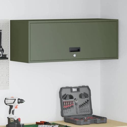 Image of SooIarix Olive Green Garage Wall Cabinet 33x90x35cm Gas Lift Door Heavy Duty Steel Secure Deadbolt Lock Ideal for Storage