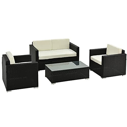 Image of Outsunny 4 Pieces Outdoor PE Rattan Sofa Set with Cushions, Patio Wicker Conversation Furniture Set with Glass Top Coffee Table, Black