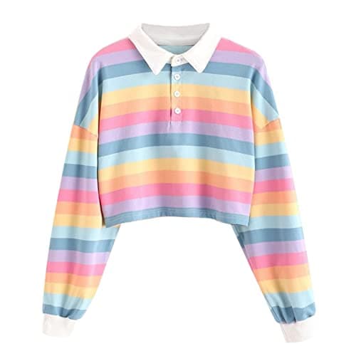 Image of Keepink Sweatshirts for Women UK Women's Rainbow Stripe Crop Jumpers Trendy Long Sleeve Button Up Polo Patchcolor Sports Pullover Y2K Preppy Top Blouses Fit Students