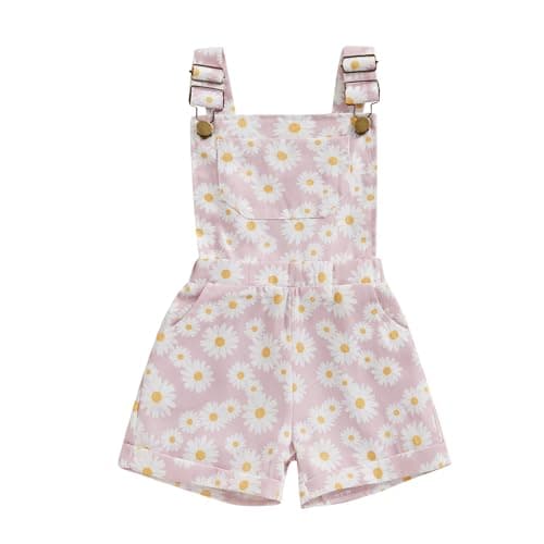 Image of Kids Toddler Girls Denim Dungarees Shorts Floral Print Sleeveless Overalls Shortalls Baby Summer Clothes Outfits (Floral Daisy Light Pink, 2-3 Years)