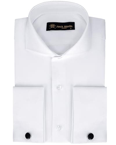 Image of Jack Martin London Men's Double Cuff White Formal Shirts with Cutaway Collar | Cufflinks Included | Luxe Long Sleeve Dress Shirt for Men, Herringbone White XL