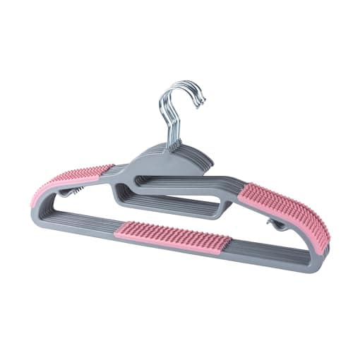 Image of Beldray 16-Pack Clothes Hangers - Non-Slip, Trouser Bar & Hooks, S-Shape for Collars, Ultra-Thin, Multipurpose Garment Holders, Space Saving, 41cm Wide, Adult Hangers, Extra Tie/Scarf Holder, Pink