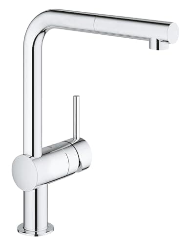 Image of GROHE Minta - Pull Out Kitchen Sink Mixer Tap (Monobloc Installation, L-spout, 360° Swivel Range, Pull-Out Function, 46 mm Ceramic Cartridge, Tails 3/8 Inch), Size 329 mm, Chrome, 32168000