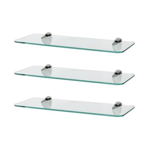 Image of Harbour Housewares Rounded Floating Glass Bathroom Shelves - 40cm - Clear/Chrome - 3x Wall-Mounted Kitchen Bedroom Shower Room Décor Caddy Towel Storage Organiser Shelving Rack with Brackets