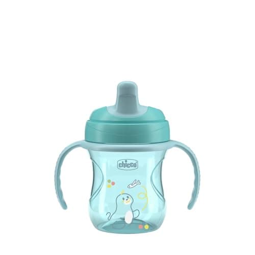Image of Chicco Training Cup, Drip Free Plastic Training Cup for a Child, Learning to Drink, Ergonomic Semi-Soft Spout, Valve and Removable Handles, 6+ Months, BPA Free, Azure