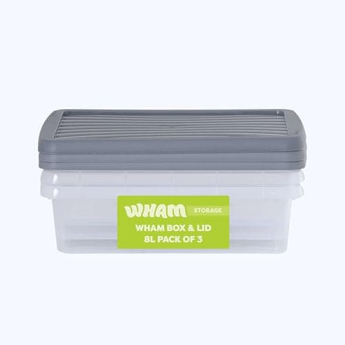 Image of Wham Box 3 x 8L Stackable Plastic Storage Boxes with Lids | Ideal for Home, Office, Toys & More | Secure, Ribbed Clip-On Lid for Added Strength | Made in UK - Clear/Steel