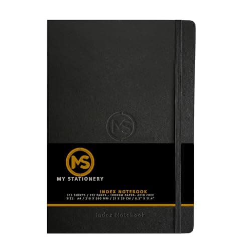 Image of A4 Index Notebook Hardback Leatherette Cover 8mm Ruled Margin A-Z Tabs 212 Pages 100 GSM White Paper – 21 X 29 CM Notebook (Black)