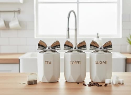 Image of DEENZ Set Of 3 Jars Silver Bow Lid Kitchen Canister Jar For Tea Coffee Sugar Storage Pots Marble Effect Home Decor Dining Table Eye-Catching Glamorous Design (WHITE)