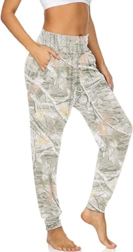 Image of UEU Womens High Waisted Yoga Joggers Loose Workout Lightweight Sweatpants Comfy Casual Lounge Harem Pants with Pockets, Maple Leaf Apricot, M