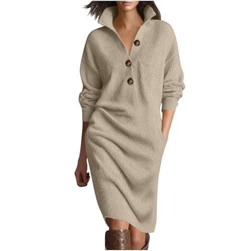 Image of Jumper Dress for Women Elegant Long Sleeve Button Up Lapel V Neck Knitted Dress Ladies Cable Knit Warm Sweater Dresses Midi Length Casual Loose Fit Fall Winter Dresses with Pockets Khaki