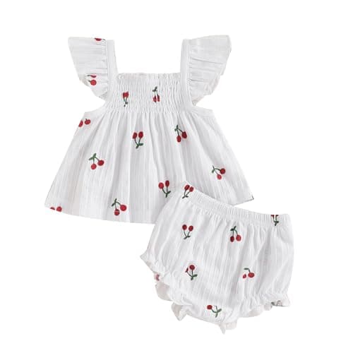 Image of Ardougudougu Baby Girl Summer Clothes Cute Cherry Print Ruffle Babydoll Top Dress Shorts Outfits Set Infant Toddler Flying Sleeve Shrit Bloomers Princess Outfit (White, 6-12 Months)