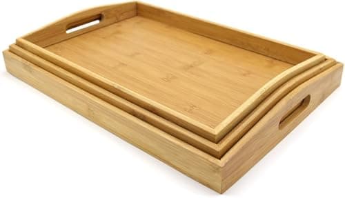 Image of Bamboo Serving Tray - Set of 3 | Kitchen Wooden Platters | Breakfast in Bed | Tea Tray | TV Lap Trays for Eating | Tea Trays with Handles | Party Serving and Platters