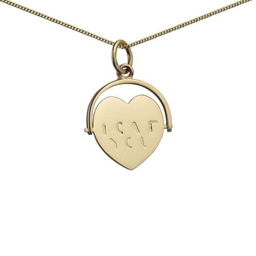Image of 9ct Gold 16x16mm heart shaped I Love You spinning Disc Pendant with a 0.6mm wide curb Chain 18 inches