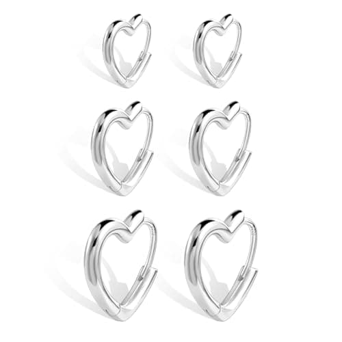Image of ALEXCRAFT Silver Heart Earrings Sterling Silver 925 3 Pairs Heart Hoop Earrings Heart Earrings Sterling Silver Hoop Small 16mm