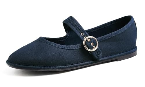 Image of Feversole Women's Soft Breathable Mary Jane Memory Foam Cushioned Comfort Round Toe Metal Buckle Flats Walking Shoes All Navy Canvas Size UK 6
