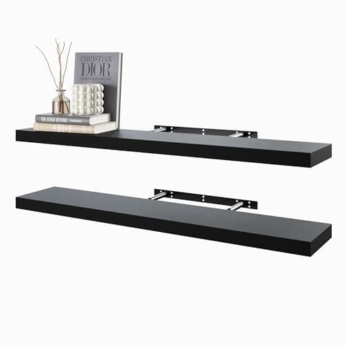 Image of BAMEOS Floating Shelves, 80cm Black Wall-Mounted Wooden Shelves with Invisible Brackets - Set of 2, Decorative Hanging Wall Shelves for Bedroom, Bathroom, Living Room and Kitchen (Black)