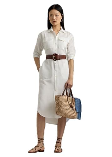 Image of Ralph Lauren Women's Linen-Blend Shirtdress, Off White with Pockets UK 12