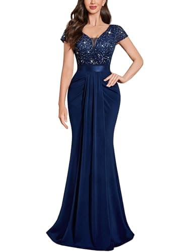 Image of MIUSOL Women's Double V Neck Sequin Lace Chiffon Sheath Wedding Banquet Party Maxi Dress (XX-Large, Navy Blue)