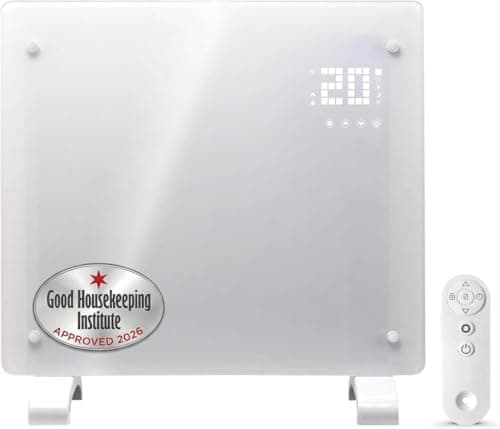 Image of Devola Wifi Enabled Smart Electric Glass Panel Heater 500W | Alexa Heating Control, Open Window Detection, Wall Mounted & Free Standing Low Energy Heaters with Timer | Lot 20, DVPW500WH (White)