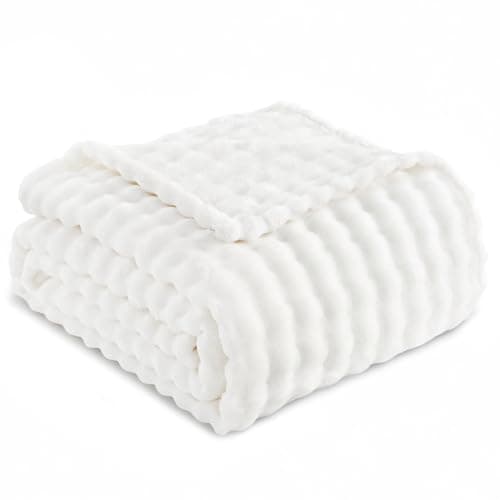 Image of RUIKASI Fleece Throw Blanket for Sofa - White Single Fluffy Bubble Throws Cozy Blanket with Reversible Design, Throw 130x150 cm