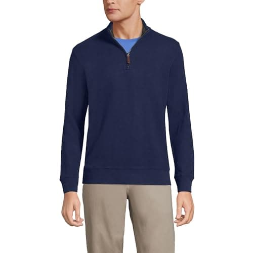 Image of Lands' End - Men’s Bedford Blue Half Zip Jumper - Size L - Brushed Rib Knit - Tall Fit - Soft Cotton Blend - with Leather Tab - Ribbed Cuffs & Waist - Men's Clothing, Winter Jumpers