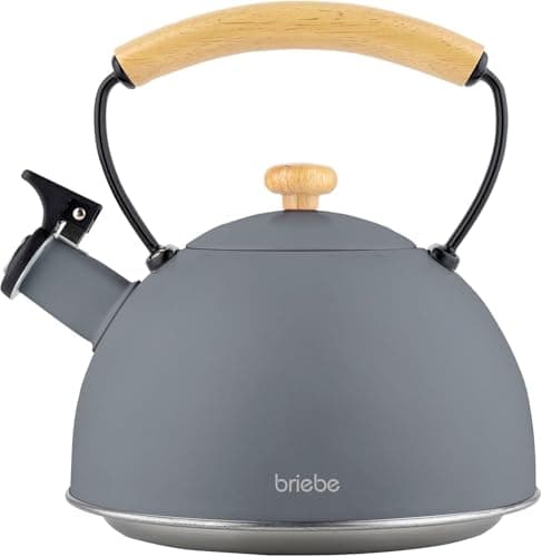 Image of briebe Nordic Whistling Induction Teapot 2.3L, Infusions, Stainless Steel Water Boiler, All Types of Cookers, Ceramic Hob, Gas, Cold Touch Wood Handle, Tea Pot, Grey