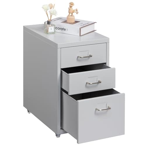Image of HollyHOME 3-Drawer Mobile File Cabinet, Filing Cabinet, Under Desk Rolling Filing Organizer, Metal Storage Cabinet with Casters for Home and Office,Light Grey