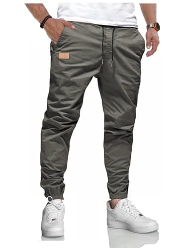 Image of LIUPMWE Joggers for Men Cotton Casual Mens Work Trousers Tracksuit Elastic Cargo Pants Waist with Drawstring Pockets Sweatpants,XL,Grey-01