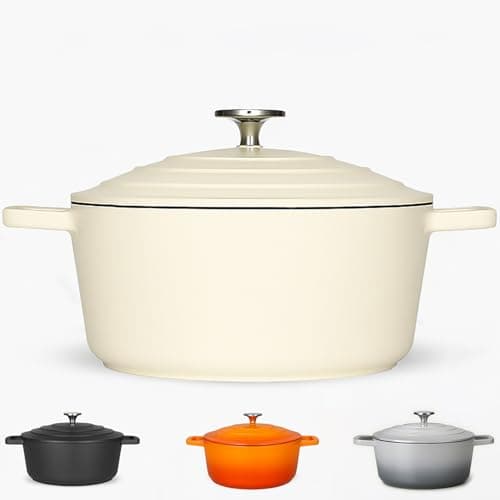 Image of Casserole Dish with Lid Medium 4L, 24cm – Lightweight Cast Aluminium Casserole Pan Deep Induction Hob & Oven Safe, Durable Non-Stick Cooking Pot Stew, Roast (Cream, 24cm - Deep)