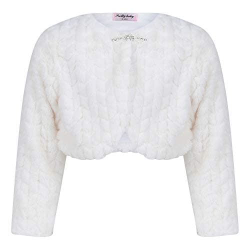 Image of Aelstores Girls Ivory Faux Fur Special Occasion Bolero Padded Long Sleeve Tippet Shrug Diamante Clasp Fastening Quilted Snow Suit Textured Look Jacket Colour: Ivory - Size: 5-6 Years