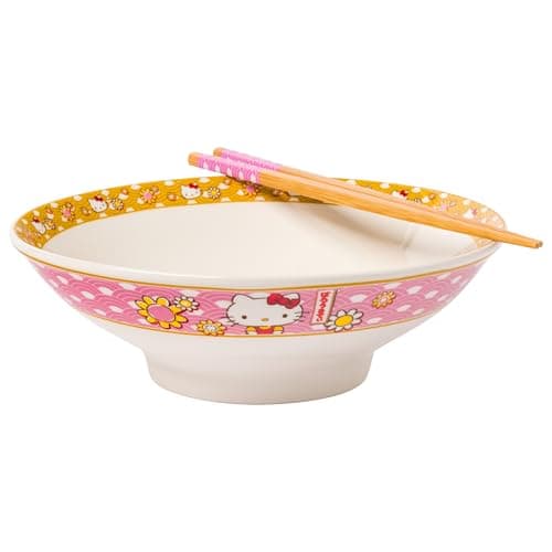 Image of Silver Buffalo Sanrio Hello Kitty Pink and Gold Japanese Pattern with Flowers Ceramic Ramen Noodle Rice Bowl with Chopsticks, Microwave Safe, 30 Ounces