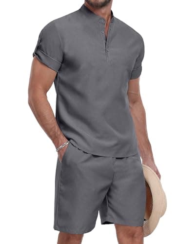 Image of AIYINO Men's Tracksuits Henley 2 Piece Outfits Short Sleeve Pullover Tracksuit Set T Shirts and Joggers Tops Bottoms Shorts Casual Sport Activewear Golf Suit Dark Gray M