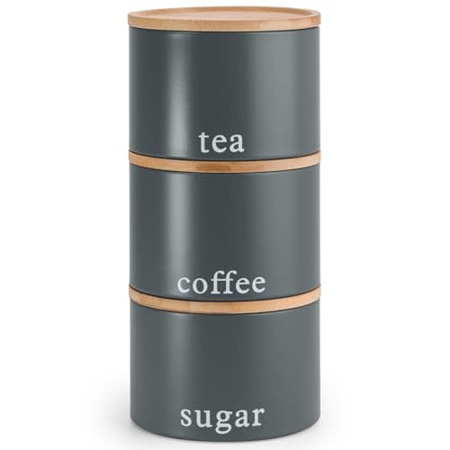 Image of EHC Tea, Coffee, Sugar, Canister Set, Set of 3 Stackable Airtight Food Storage Easy to Open Storage Cansiters Jars Tin, Grey