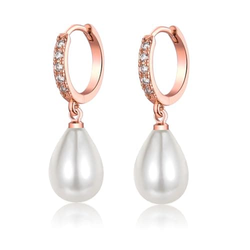 Image of Pearl Dangle Earrings for Women, Sterling Silver Pearl Drop Hoop Earrings, Hypoallergenic Teardrop Pearl Rose Gold Hoop Earrings with AAA+ Cubic Zirconias | Jewellery Gifts for Birthday Weeding