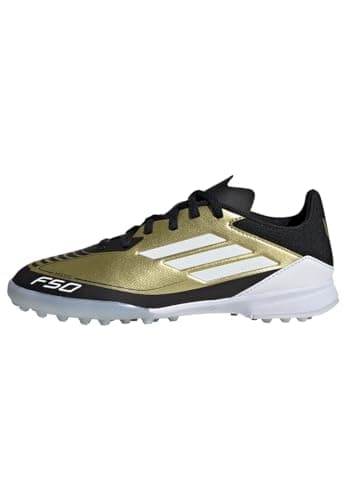 Image of adidas Unisex Kids F50 League Messi Football Boots Turf, Gold Metallic/Cloud White/Core Black, 5.5 UK