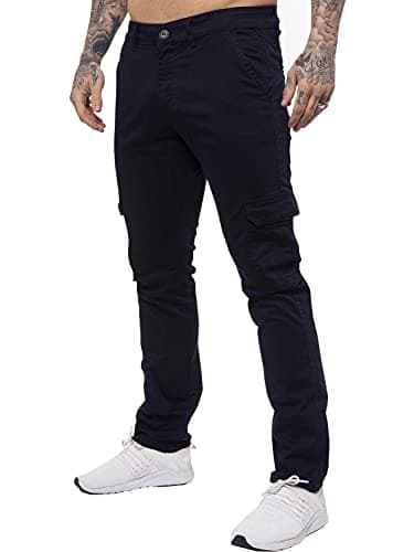 Image of Ze ENZO Jeans Mens Cargo Combat Trousers Chinos Slim Fit Cotton Stretch Work Pants Navy 32R