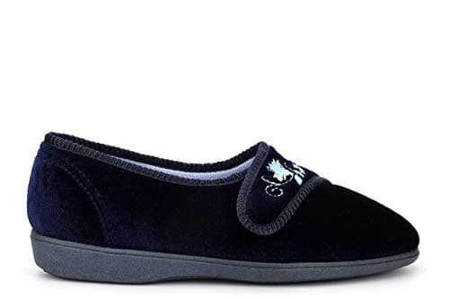 Image of Sleepers Womens Touch Fastening Embroidered Machine Washable Memory Foam Slippers Navy Blue 3 UK