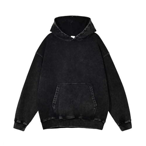 Image of Mens Oversized Hoodies, Acid Wash Hoodie Vintage Heavyweight Sweatshirt Casual Pullover Hoody Tops Long Sleeve Loose Fit Streetwear Classic Fashion Y2K Hiphop Clothing Black