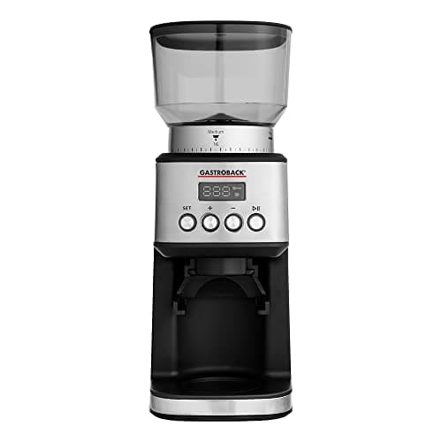 Image of GASTROBACK #42643 Design Coffee Grinder Digital, 31 Grinding Settings from Fine to Coarse 2 Automatic Modes: Direct Grinding into The Portafilter or Storage Container, Silver/Black