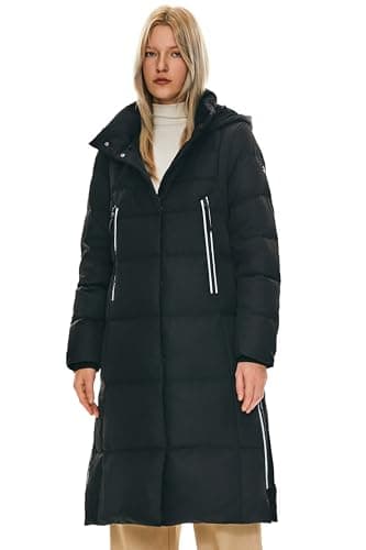 Image of Orolay Women's Long Puffer Coat Thickened Winter Down Jacket with Hood Warm Quilted Outdoor Coat for Hiking, Travel Pirate Black S